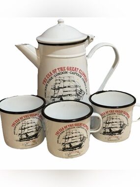 Vtg Cutty Sark White Enamel Coffeepot Plus 3 Matching Ceramic Mugs